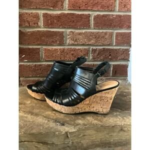 Franco Sarto Cork Wedge Sandals Black Leather Strappy Heels Summer Casual Shoes